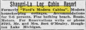 Hoyers Resort (Fords Modern Cabins, Shangri-La Log Cabin Resort, Bentons) - May 1948 Ad (newer photo)